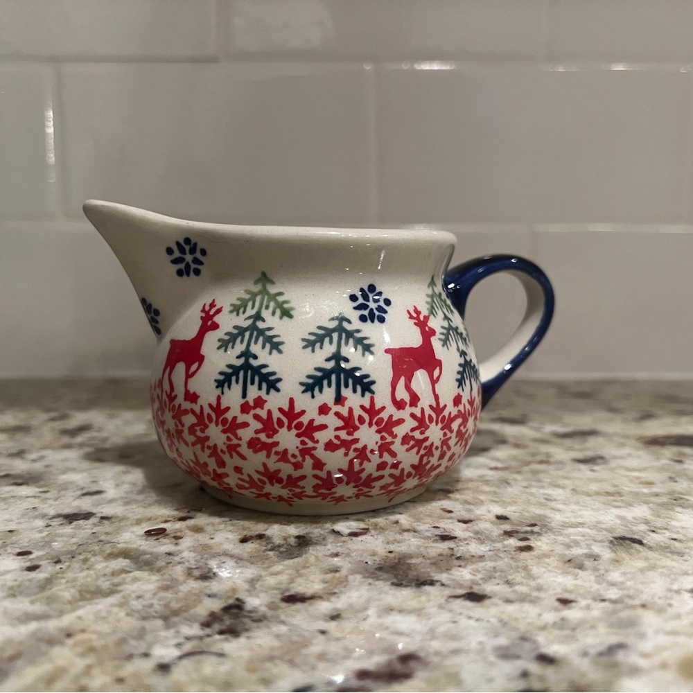 Polish Pottery Creamer with Reindeer and Tree Design